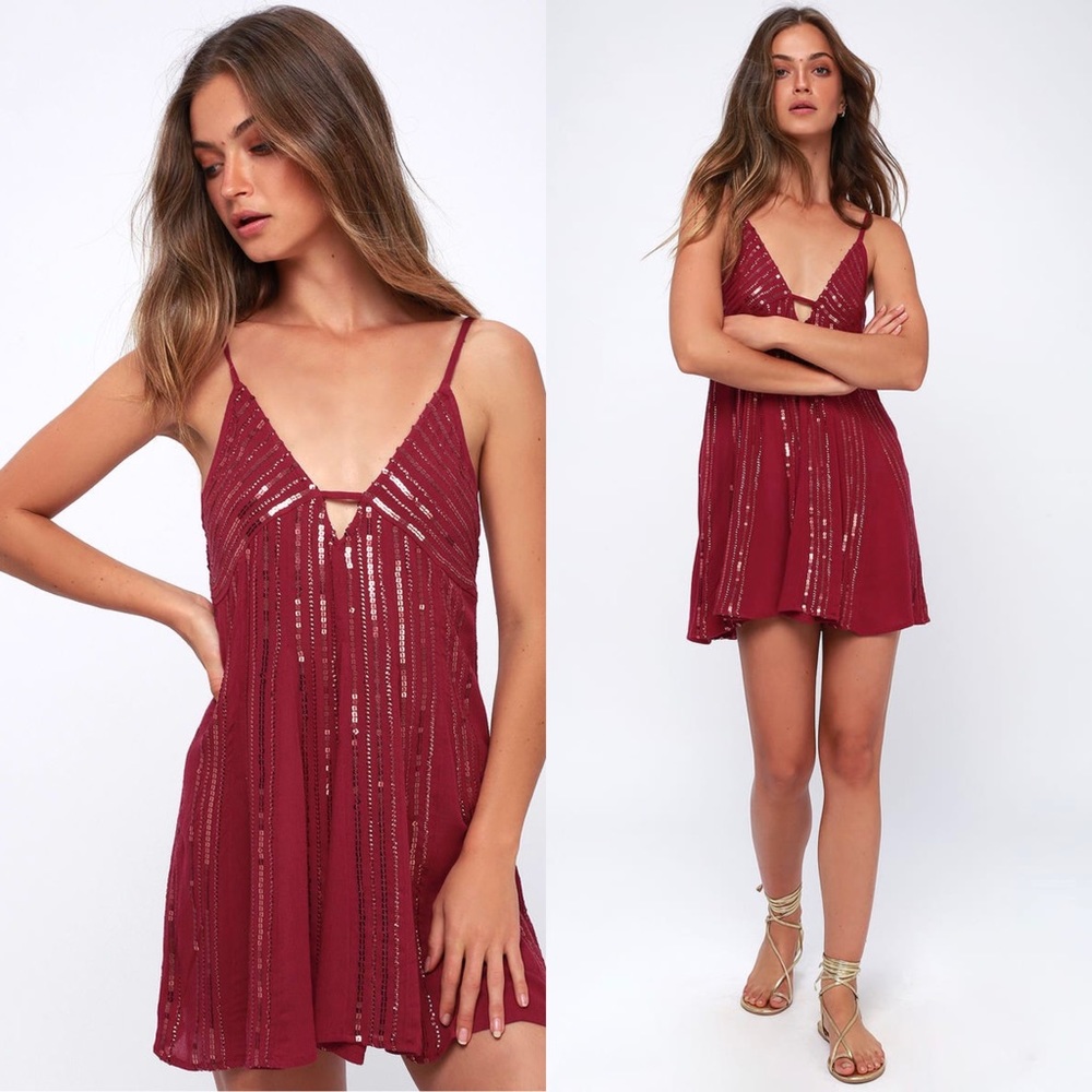 Free People Here She Is Burgundy Sequin Slip Dress